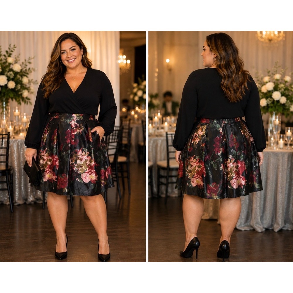 Truly 4 You Black Floral Satin Midi Skirt Plus Size 2X‎ Pleated Pockets RN137360